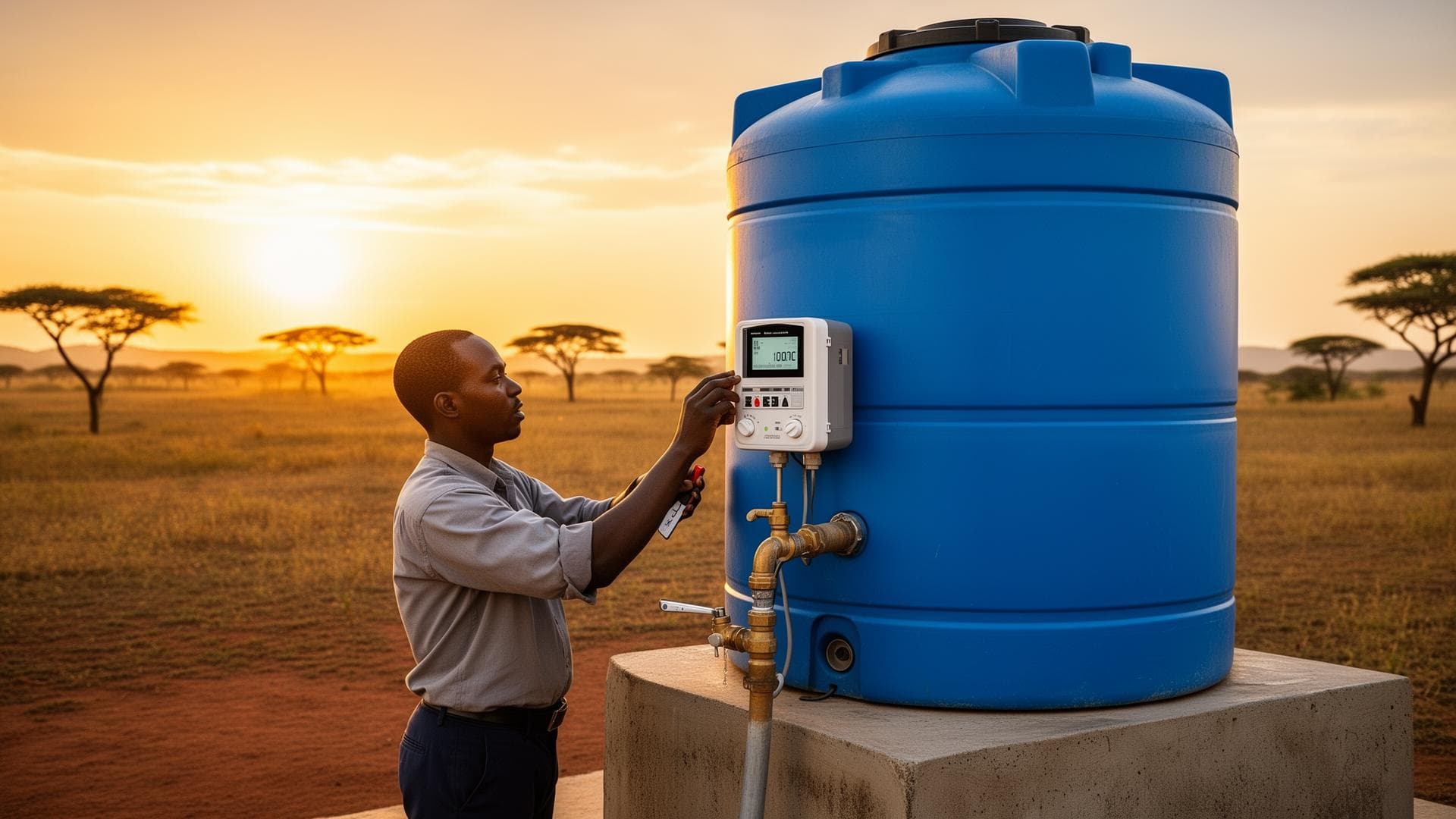 SunWater technician setting up a smart water meter at sunset